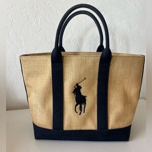 Ralph Lauren Jute Tote Bag Big Pony Logo Embroidered Open Top